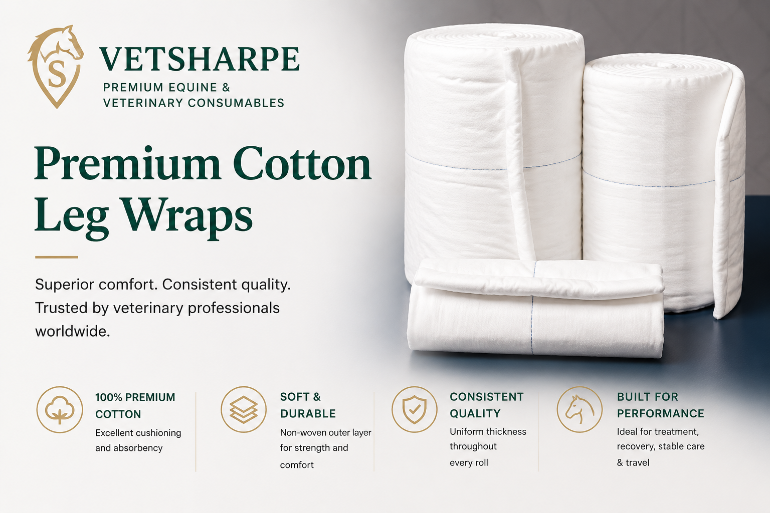 When it comes to protecting equine and livestock legs, choosing the right leg wrap makes all the difference. VetSharpe Premium Cotton 10 Yard Leg Wraps have been developed for veterinarians, equine professionals, veterinary clinics, farriers, trainers, and horse owners who demand exceptional quality, comfort and performance.