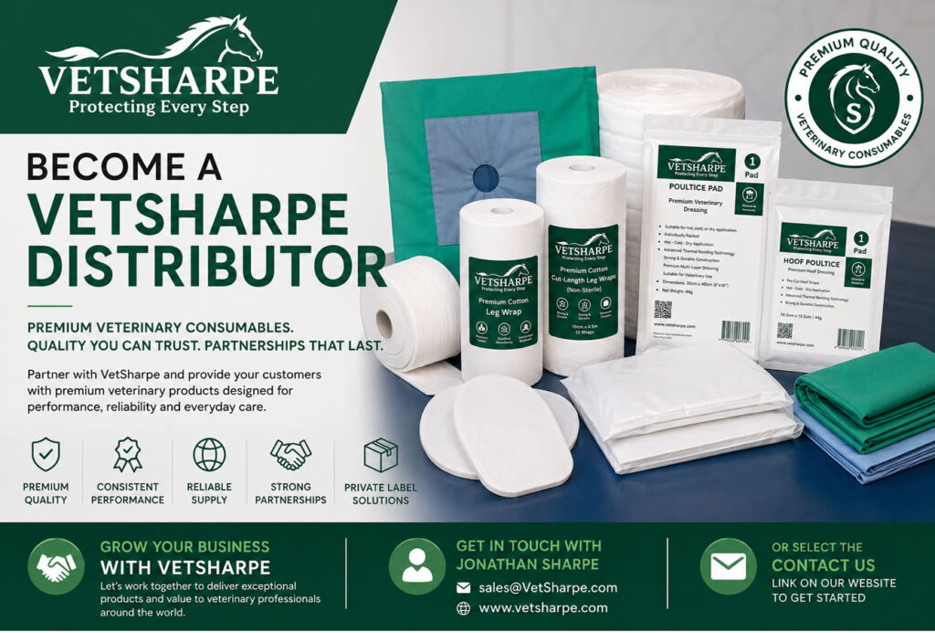 Become a VetSharpe distributor and supply premium veterinary consumables, equine leg wraps, hoof poultice pads and veterinary dressings. Worldwide distributor opportunities, private label manufacturing and dedicated account support.