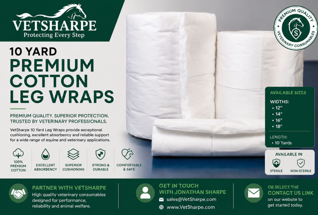 When it comes to protecting equine and livestock legs, choosing the right leg wrap makes all the difference. VetSharpe Premium Cotton 10 Yard Leg Wraps have been developed for veterinarians, equine professionals, veterinary clinics, farriers, trainers, and horse owners who demand exceptional quality, comfort and performance.