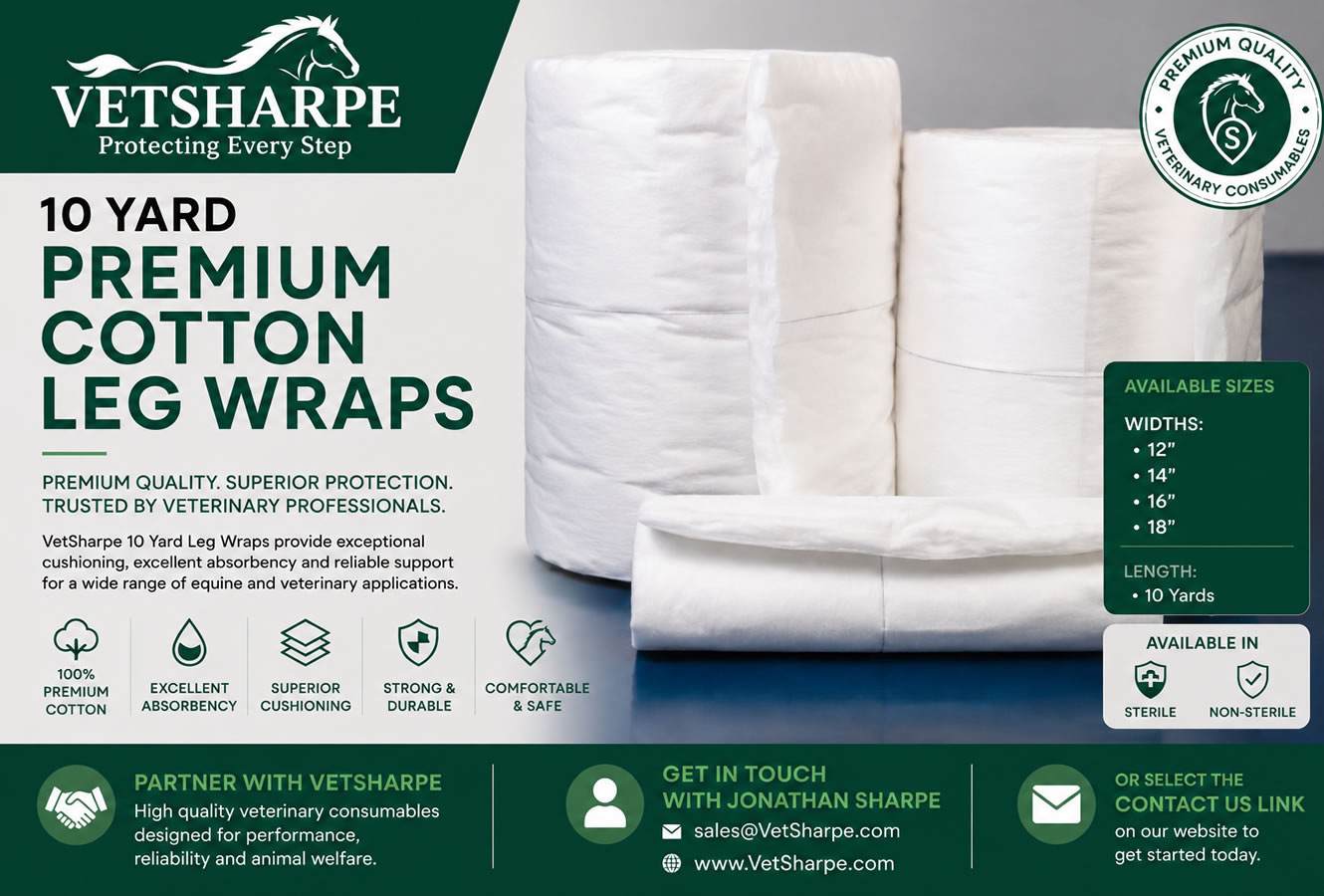 When it comes to protecting equine and livestock legs, choosing the right leg wrap makes all the difference. VetSharpe Premium Cotton 10 Yard Leg Wraps have been developed for veterinarians, equine professionals, veterinary clinics, farriers, trainers, and horse owners who demand exceptional quality, comfort and performance.
