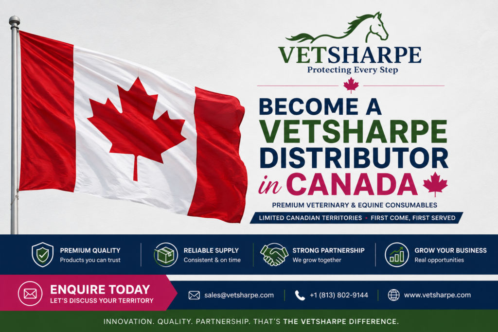 VETSHARPE is expanding its distributor network across Canada, with limited territory opportunities available on a first-come, first-served basis. We are looking to work with established veterinary, equine and animal healthcare businesses that want to supply premium veterinary consumables, equine products, dressings, leg wraps, hoof poultice products and private label solutions. Discover available Canadian territories and contact VETSHARPE to discuss becoming a distributor.